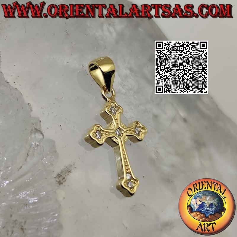 Ciondolo in argento, croce presbiteriana liscia con zirconi tondi alle estremità e al centro (placcata oro)