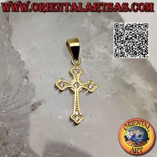 Colgante de plata, cruz presbiteriana lisa con circonitas redondas en los extremos y en el centro (bañada en oro)