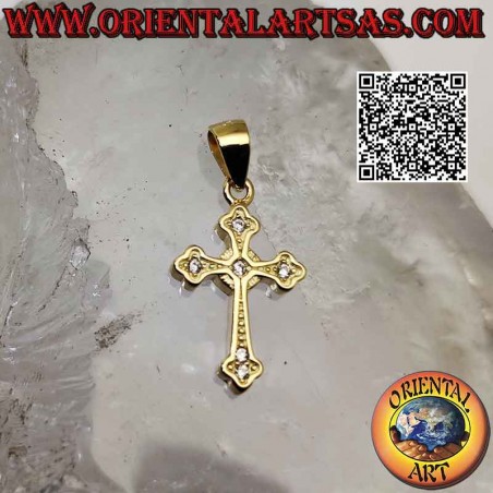 silver pendant smooth presbyterian cross with round zircons at the ends and in the center gold plated