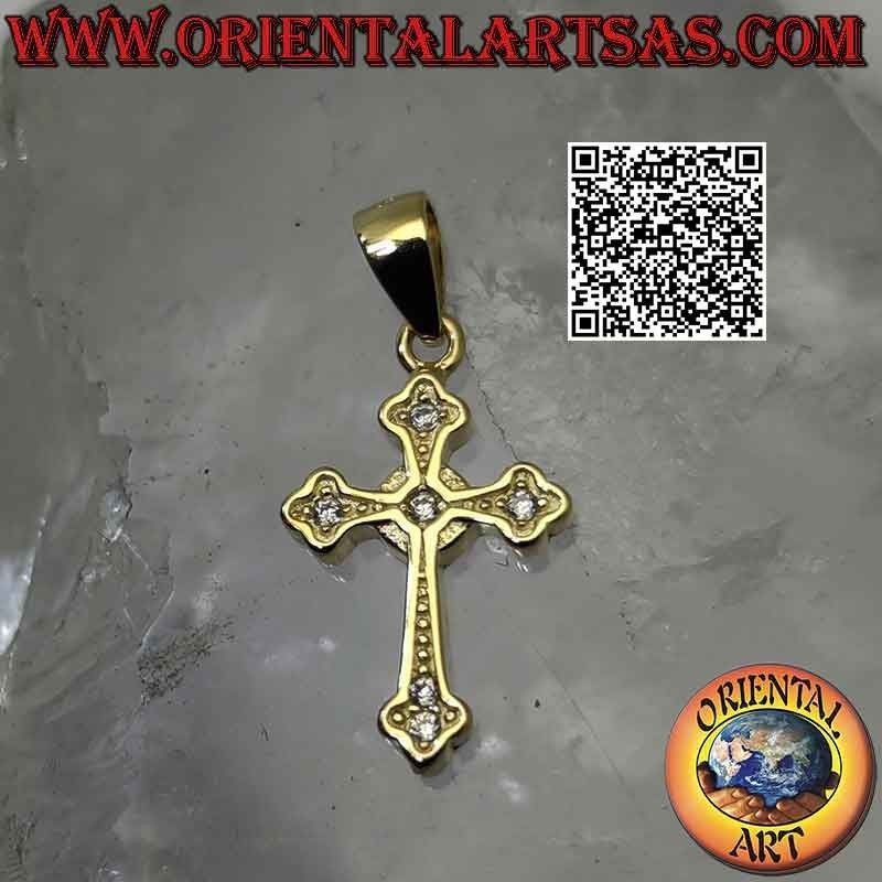 Pendentif en argent, croix presbytérienne lisse avec zircons ronds aux extrémités et au centre (plaqué or)
