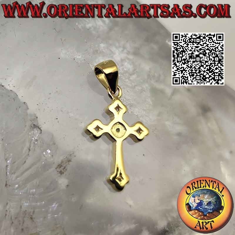 Ciondolo in argento, croce presbiteriana liscia con zirconi tondi alle estremità e al centro (placcata oro)
