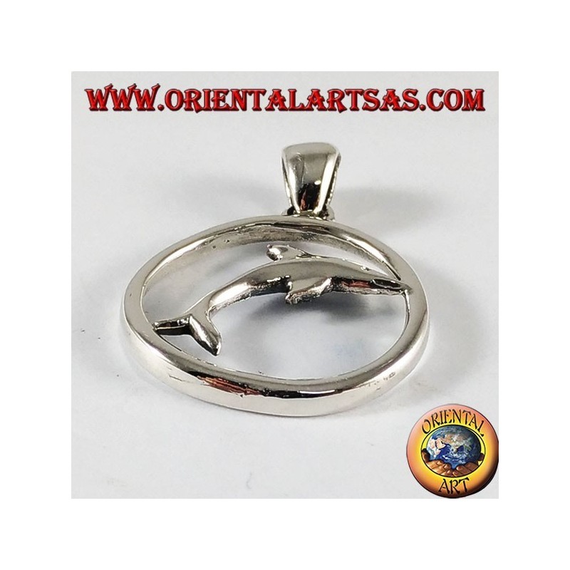 Silver Pendant dolphin jump in the circle