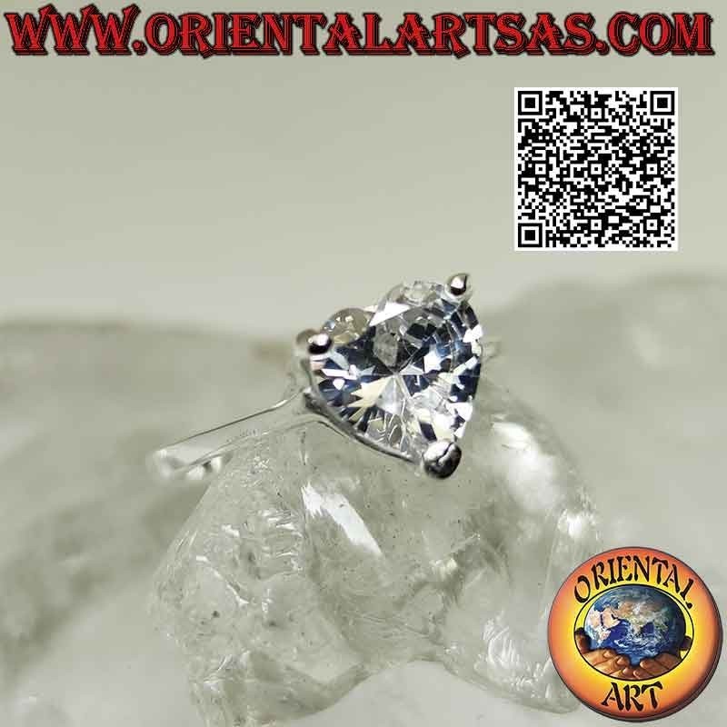 Rhodium-plated silver ring with raised white heart-set zircon and underlying opening
