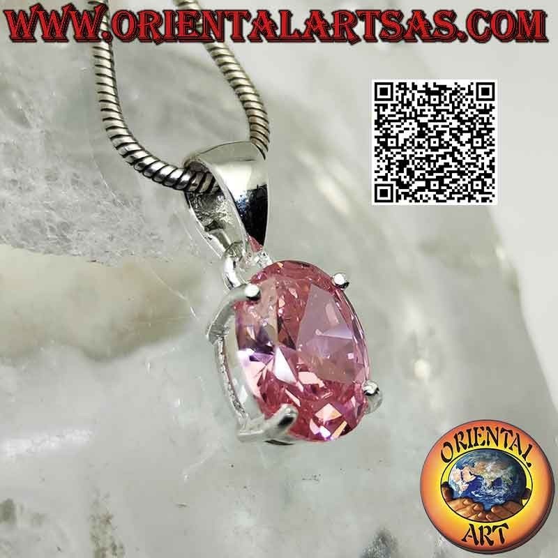 Silberanhänger mit oval facettiertem Zirkon in französischem Rosa in einer glatten Doppelfassung
