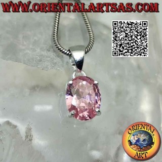Ciondolo in argento con zircone rosa di Francia sfaccettato ovale incastonato su montatura liscia doppia