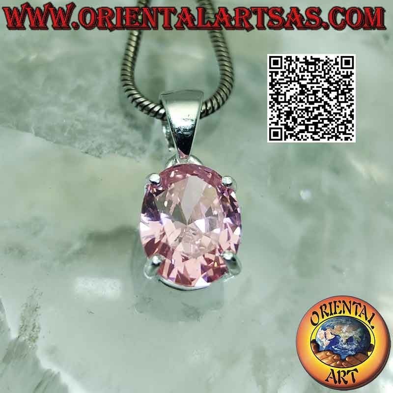 Ciondolo in argento con zircone rosa di Francia sfaccettato ovale incastonato su montatura liscia doppia
