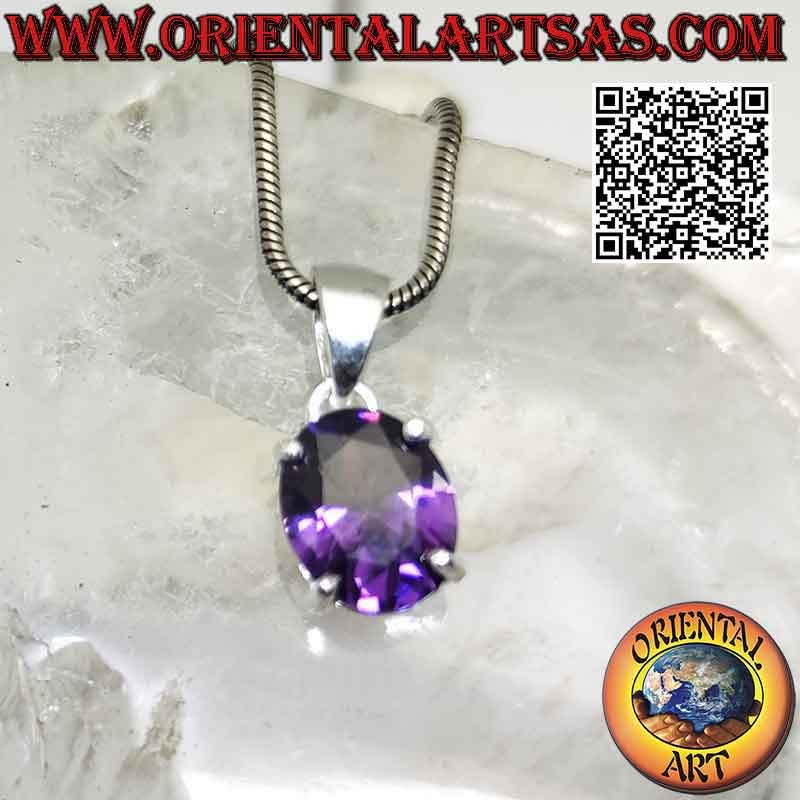 Silver pendant with oval faceted synthetic amethyst set on double smooth setting