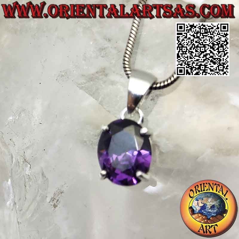 Silver pendant with oval faceted synthetic amethyst set on double smooth setting