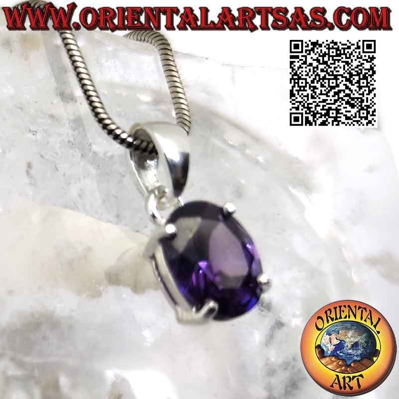 Pendentif en argent avec améthyste synthétique ovale facettée sertie sur double monture lisse
