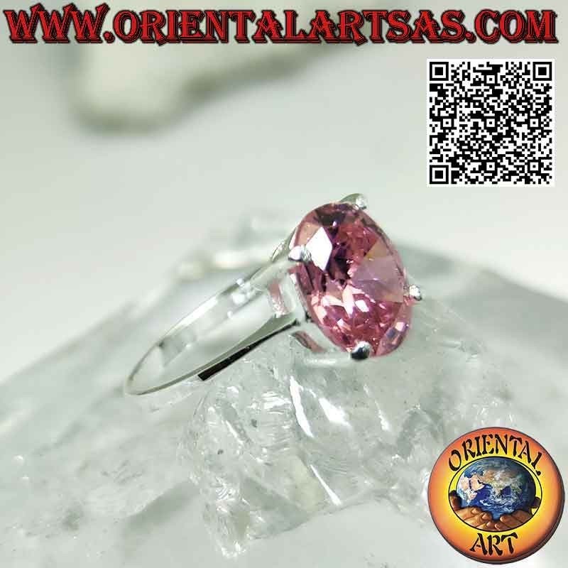 Anello in argento con zircone rosa di Francia sfaccettato ovale incastonato su montatura liscia doppia