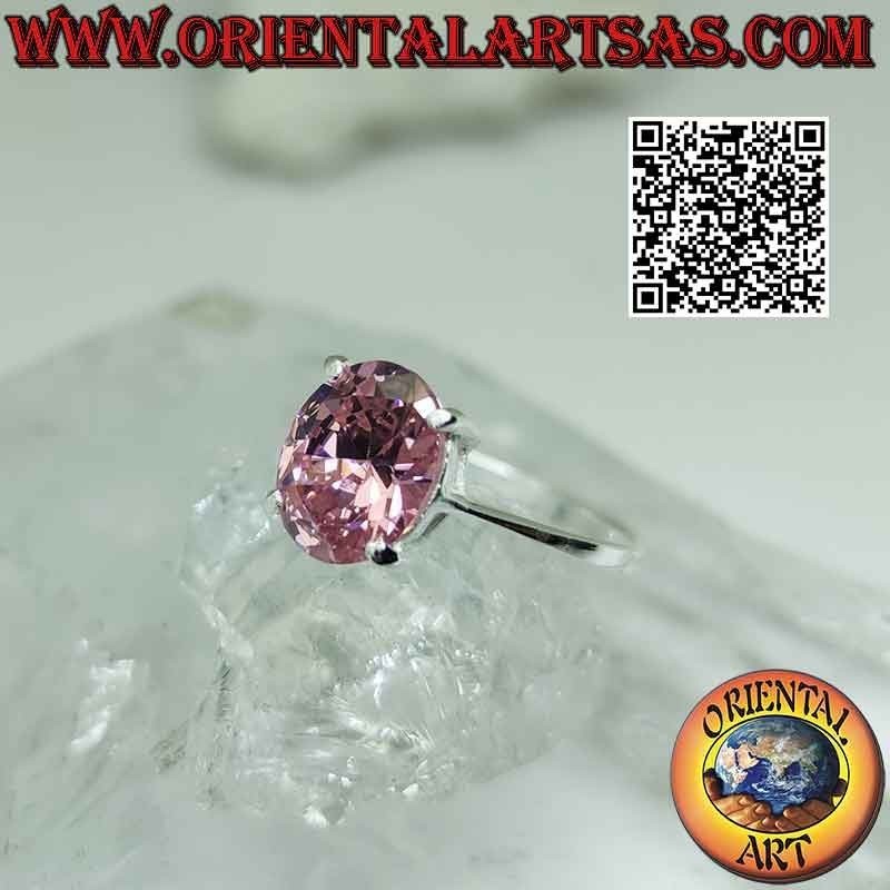 Bague en argent avec zircon rose français ovale facetté serti dans un double sertissage lisse