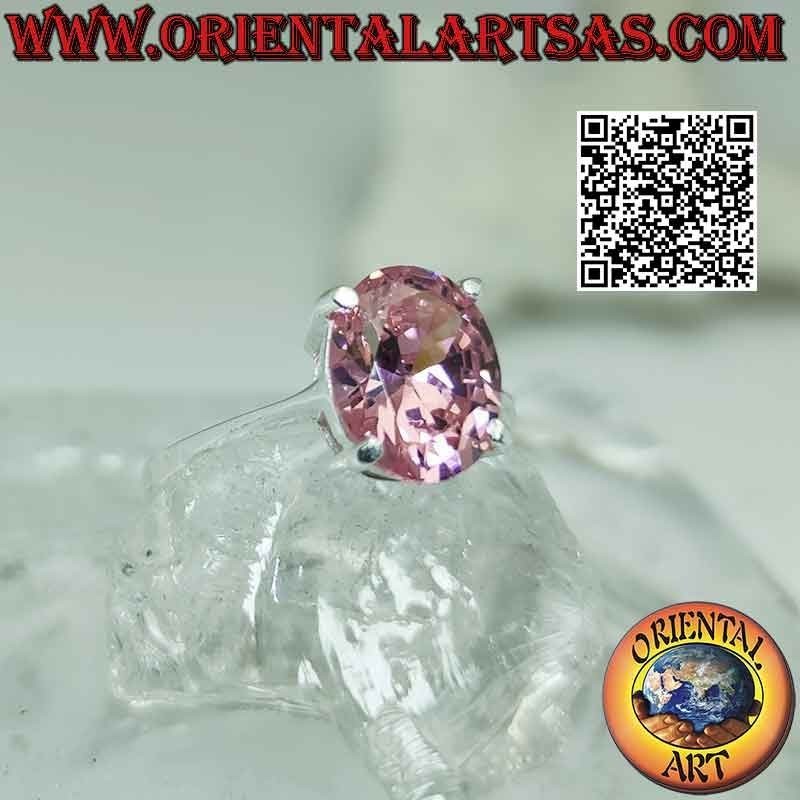 Anello in argento con zircone rosa di Francia sfaccettato ovale incastonato su montatura liscia doppia