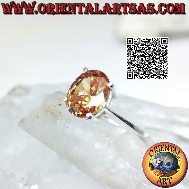 Silver ring with oval faceted champagne zircon set in a smooth double setting