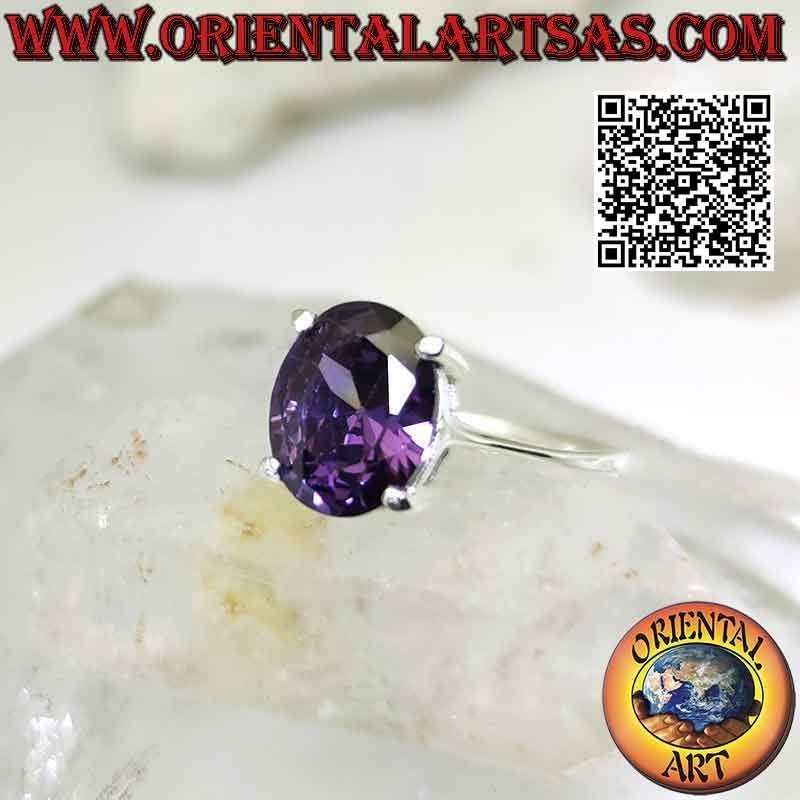 Silver ring with oval faceted synthetic amethyst set on double smooth setting
