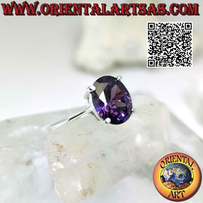 Silver ring with oval faceted synthetic amethyst set on double smooth setting
