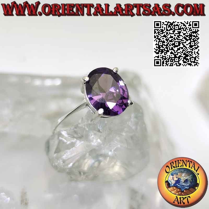 Silver ring with oval faceted synthetic amethyst set on double smooth setting