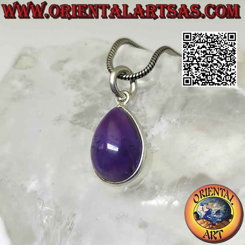 Pendentif améthyste naturelle goutte roulée avec bordure lisse en argent 925‰ et crochet seul