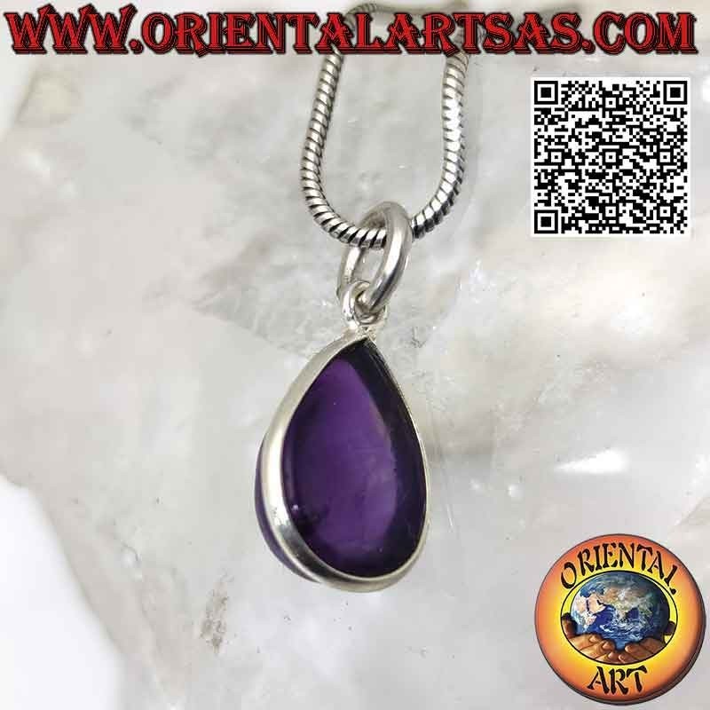 Pendentif améthyste naturelle goutte roulée avec bordure lisse en argent 925‰ et crochet seul