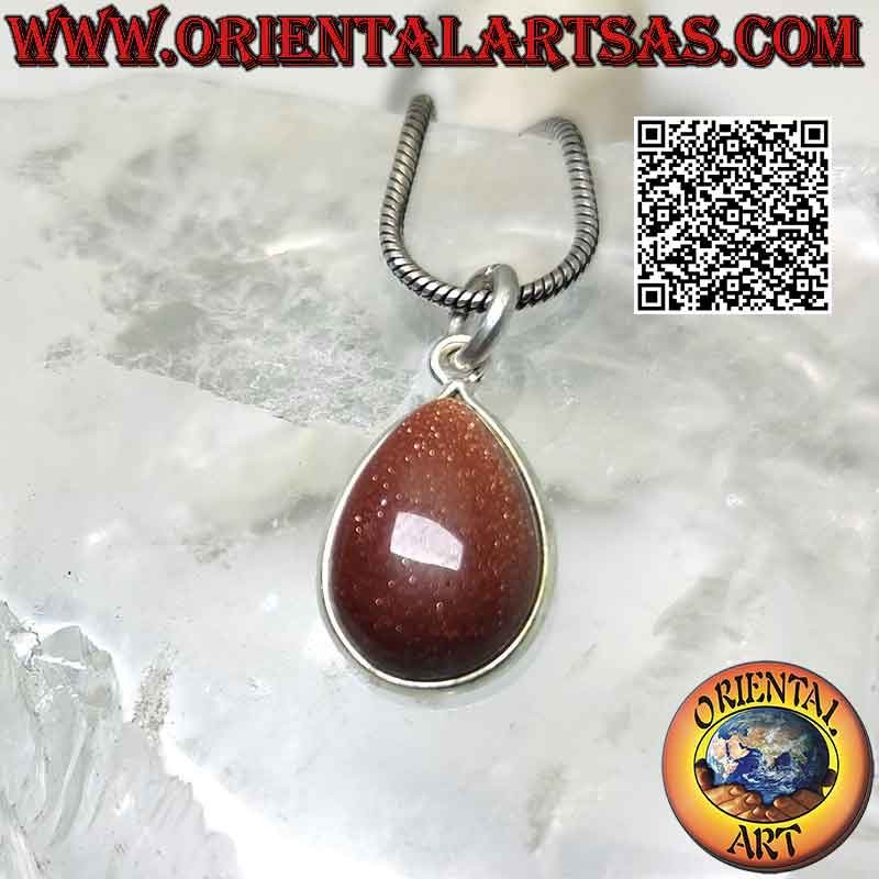Ciondolo in pietra del sole (sunstone) naturale a goccia burattata con solo bordo e gancio in argento 925 ‰ liscio