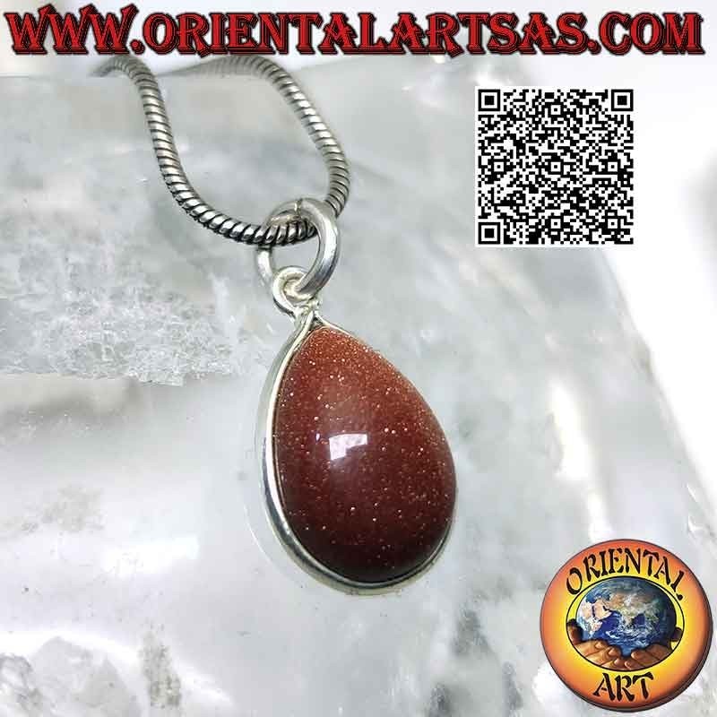 Ciondolo in pietra del sole (sunstone) naturale a goccia burattata con solo bordo e gancio in argento 925 ‰ liscio