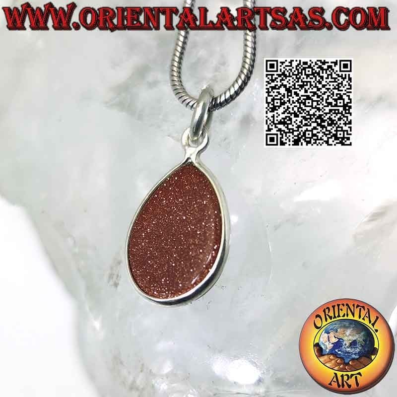Pendentif pierre de soleil naturelle en goutte roulée avec seul bord et crochet en argent 925‰ lisse
