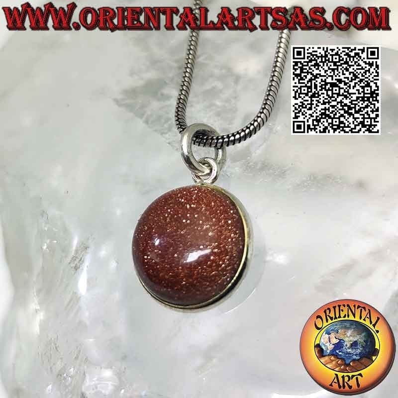 Ciondolo in pietra del sole (sunstone) naturale tonda burattata con solo bordo e gancio in argento 925 ‰ liscio