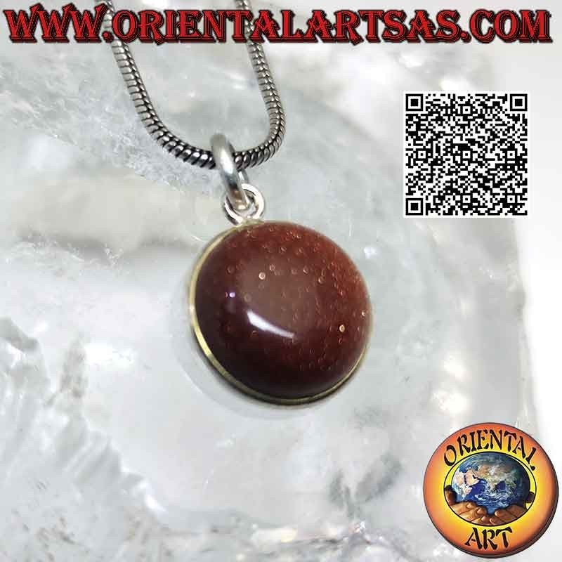 Natural round tumbled sunstone pendant with only edge and hook in smooth 925 ‰ silver