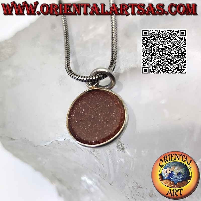 Pendentif pierre de soleil naturelle ronde roulée avec seule tranche et crochet en argent 925‰ lisse