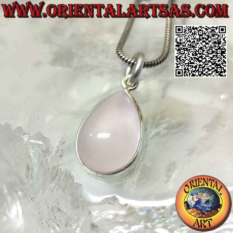 Ciondolo in quarzo rosa naturale a goccia burattato con solo bordo e gancio in argento 925 ‰ liscio