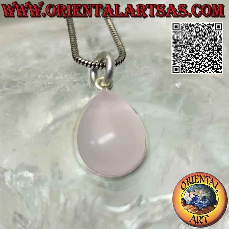 Pendentif en quartz rose naturel goutte roulée avec bordure en argent 925‰ lisse et crochet uniquement
