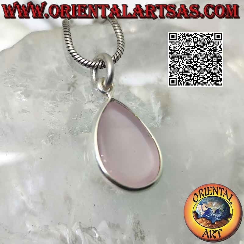 Tumbled drop natural rose quartz pendant with smooth 925 ‰ silver edge and hook only