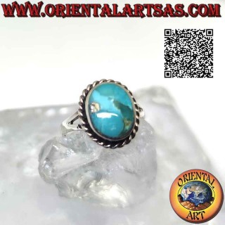 Silver ring with natural oval Arizona turquoise surrounded by a twisted edge