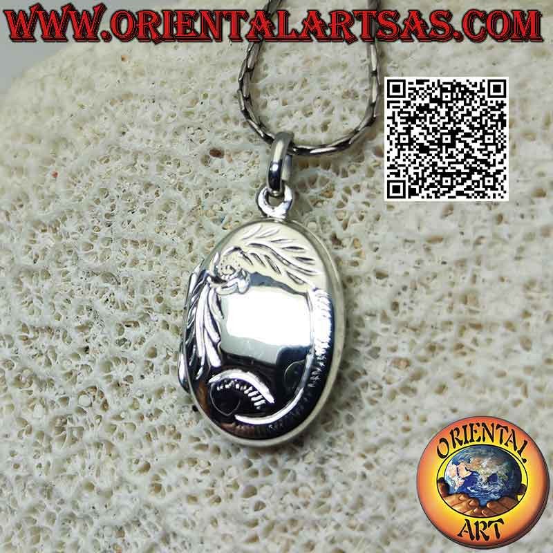 Pendentif cadre photo argent ovale plat lisse avec cadre fleuri gravé (20x15)