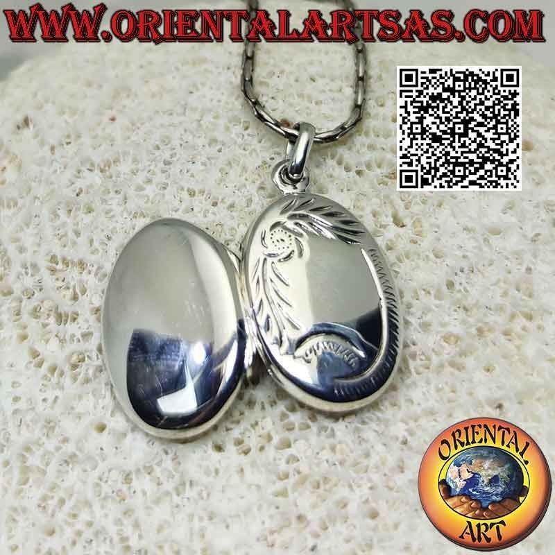 Colgante Medallón Plata Oval Liso Marco Floral Grabado 20x15mm
