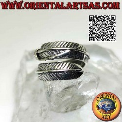 Silver ring with a long, rounded and thick adjustable feather, a symbol of purification