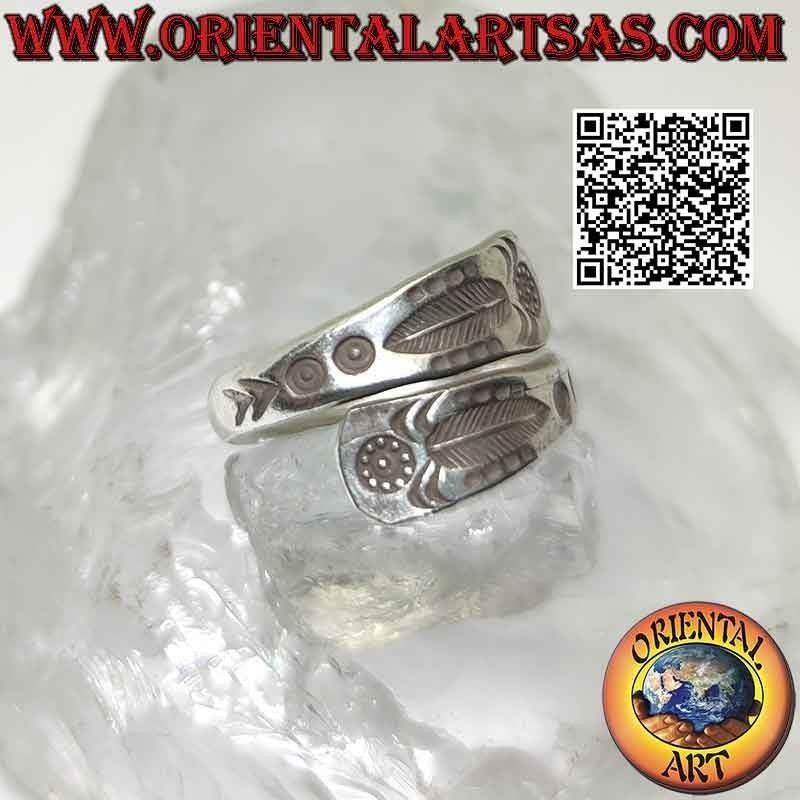 Karen silver double band ring with engraved feather (adjustable)
