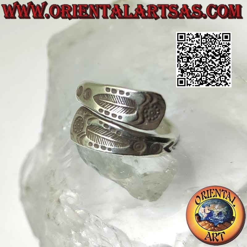 Karen Doppelbandring aus Silber mit gravierter Feder (verstellbar)