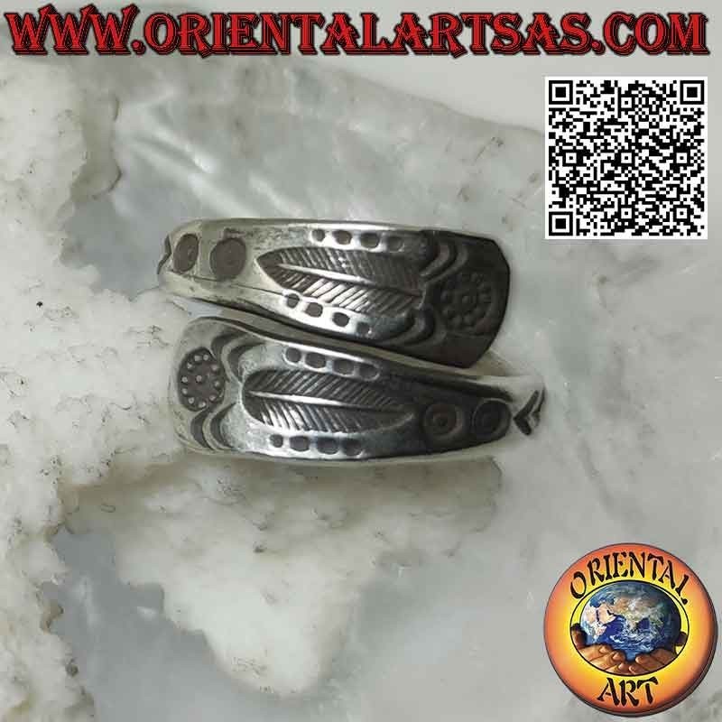Karen Doppelbandring aus Silber mit gravierter Feder (verstellbar)