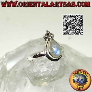 Silver ring with cabochon drop rainbow moonstone, smooth edge and crown lily