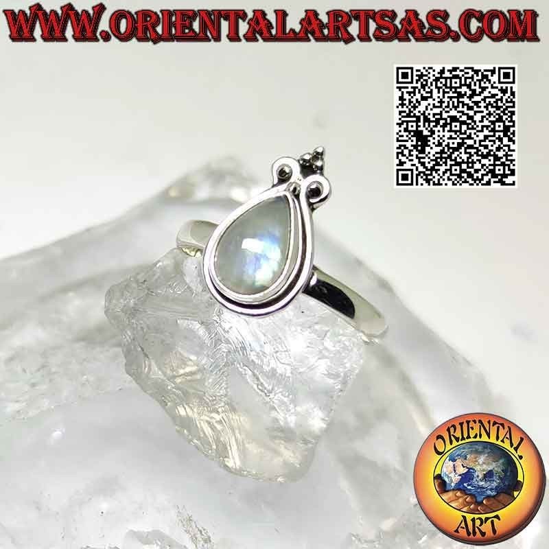 Silver ring with teardrop rainbow moonstone and lily