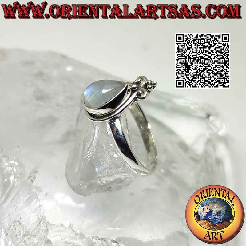 Bague en argent avec pierre de lune arc-en-ciel en forme de larme et lys