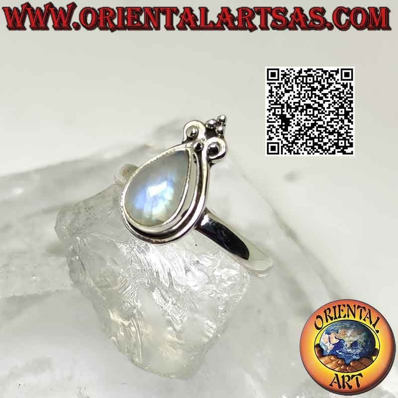 Silver ring with teardrop rainbow moonstone and lily