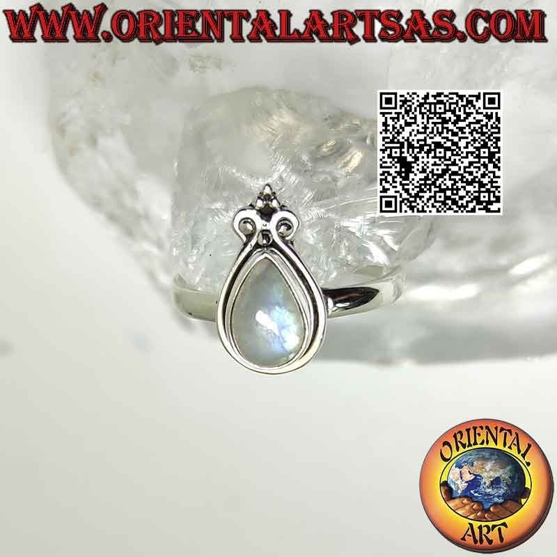 Anillo de plata con lágrima piedra luna arcoiris y lirio