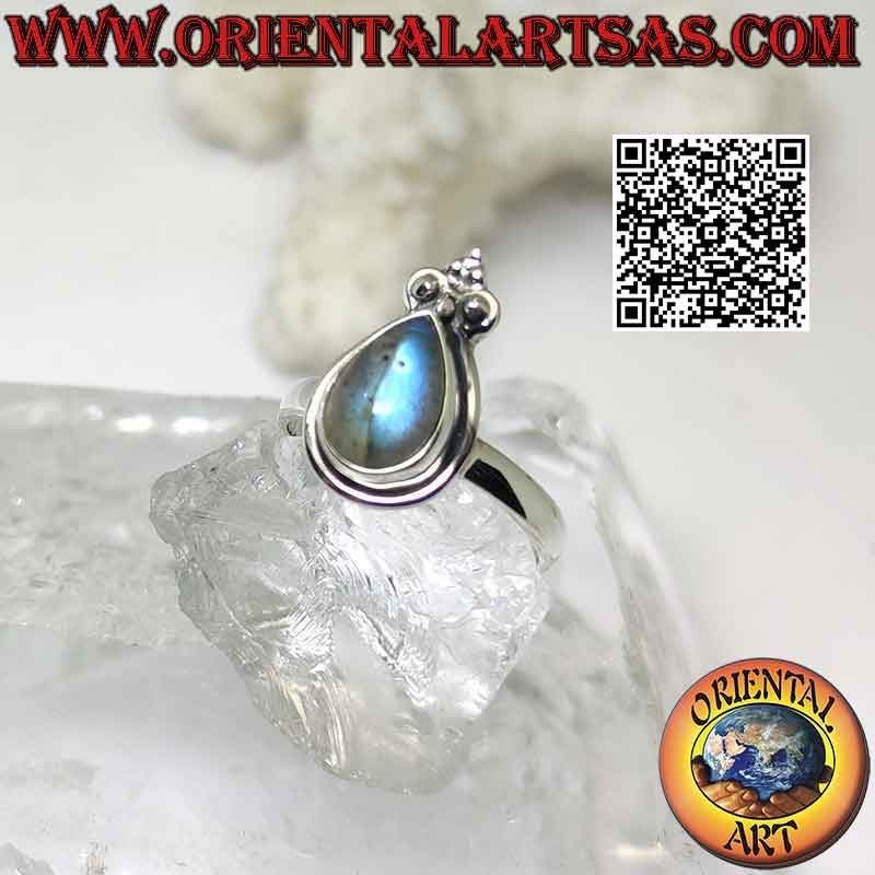 Silver ring with teardrop labradorite and crown lily