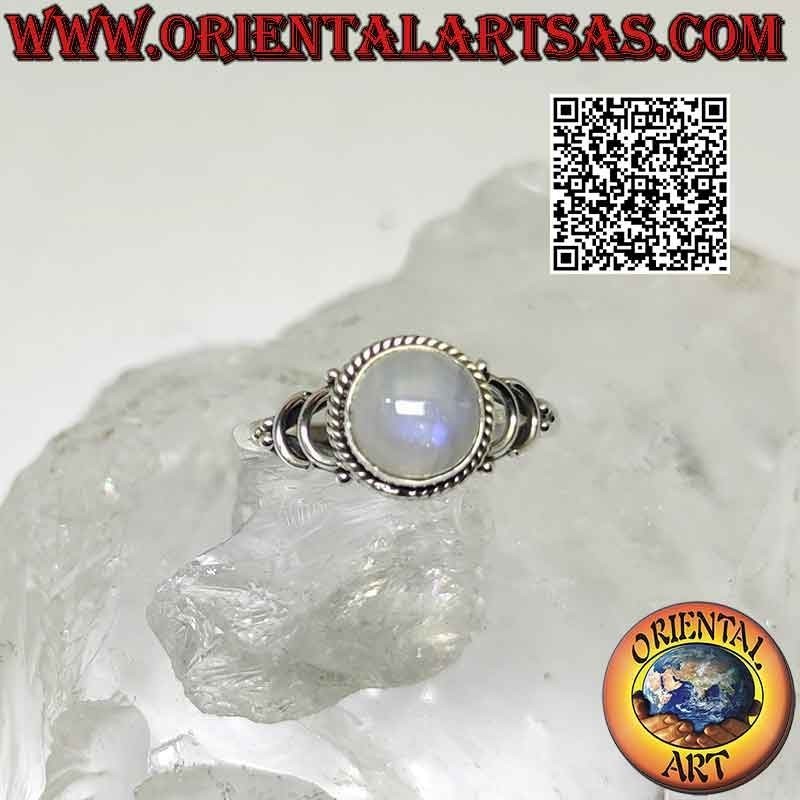 Silver ring with round rainbow moonstone and U hook