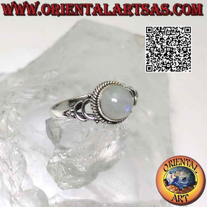 Bague en argent avec pierre de lune arc-en-ciel ronde et crochet en U