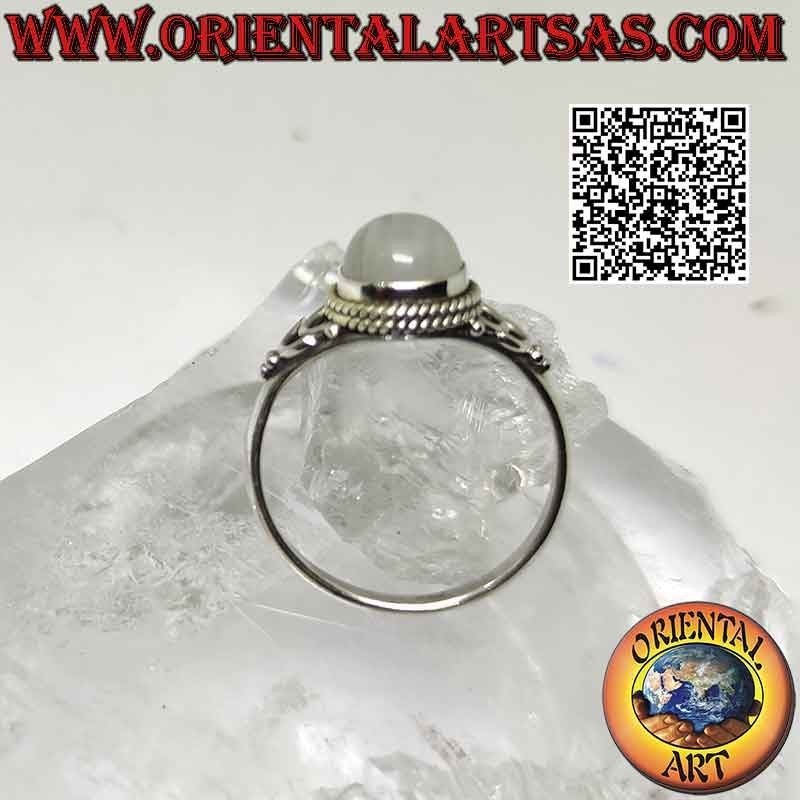 Anello in argento con pietra di luna arcobaleno tonda e gancio a U