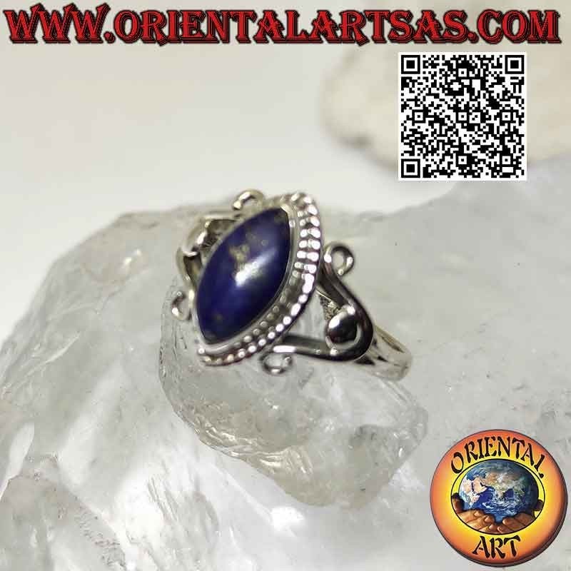 Silver ring with shuttle cabochon lapis lazuli and U-hooks
