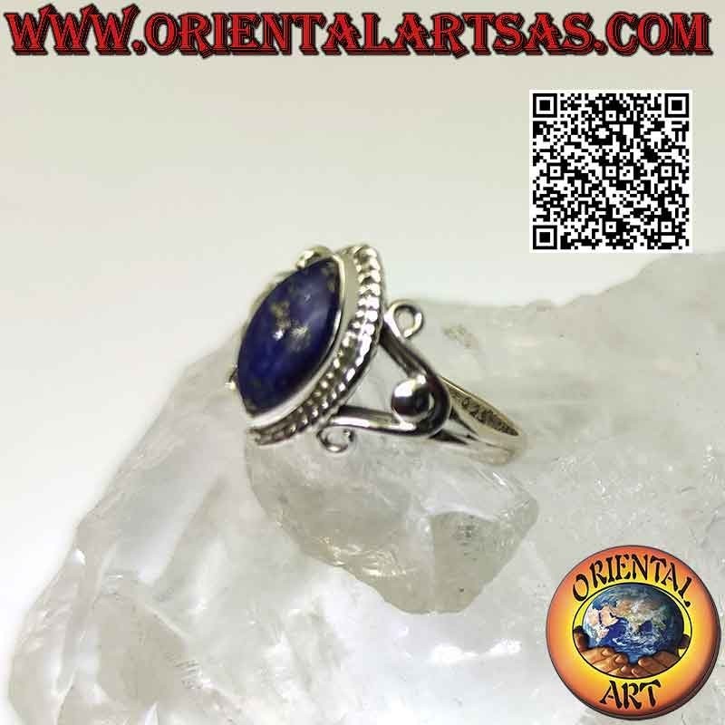 Anello in argento con lapislazzulo cabochon a navetta e ganci a U