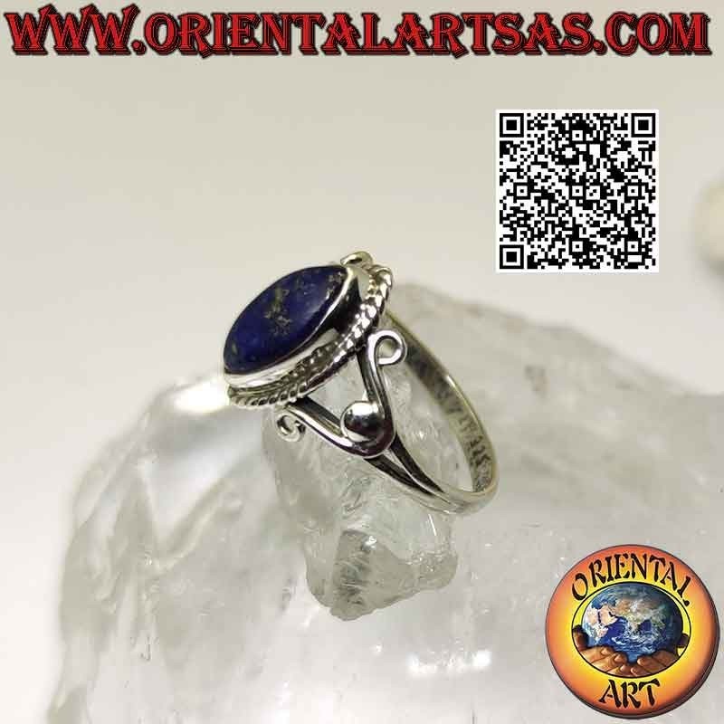 Anello in argento con lapislazzulo cabochon a navetta e ganci a U